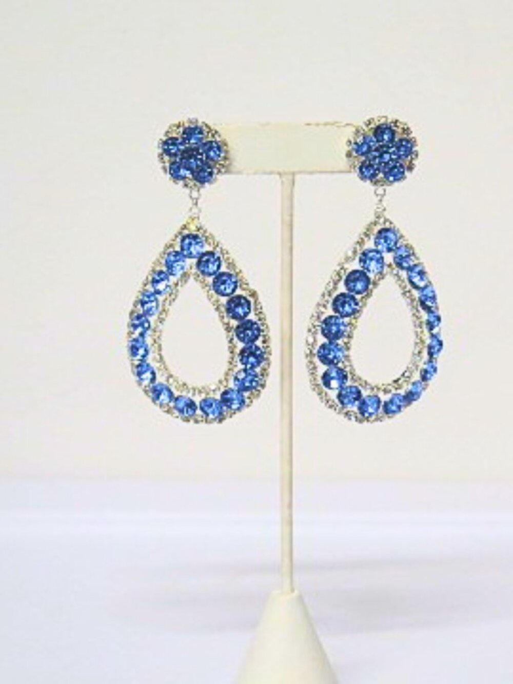 Estate Blue Rhinestone Teardrop Statement Earrings Oversized Party Jewelry - Picture 6 of 6